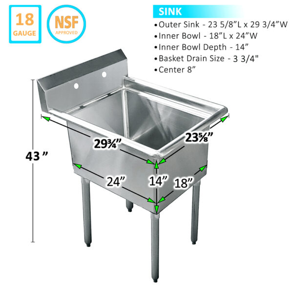 18" X 24" One Compartment Stainless Steel Prep & Utility Sink - Image 3