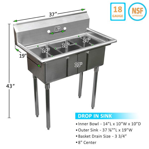 10" X 14" X 10" Three Compartment Sink - Image 3