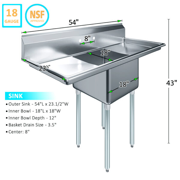 18" X 18" X 12" with 18" Left and Right Drainboards One Compartment Stainless Steel Commercial Prep & Utility Sink - Image 3