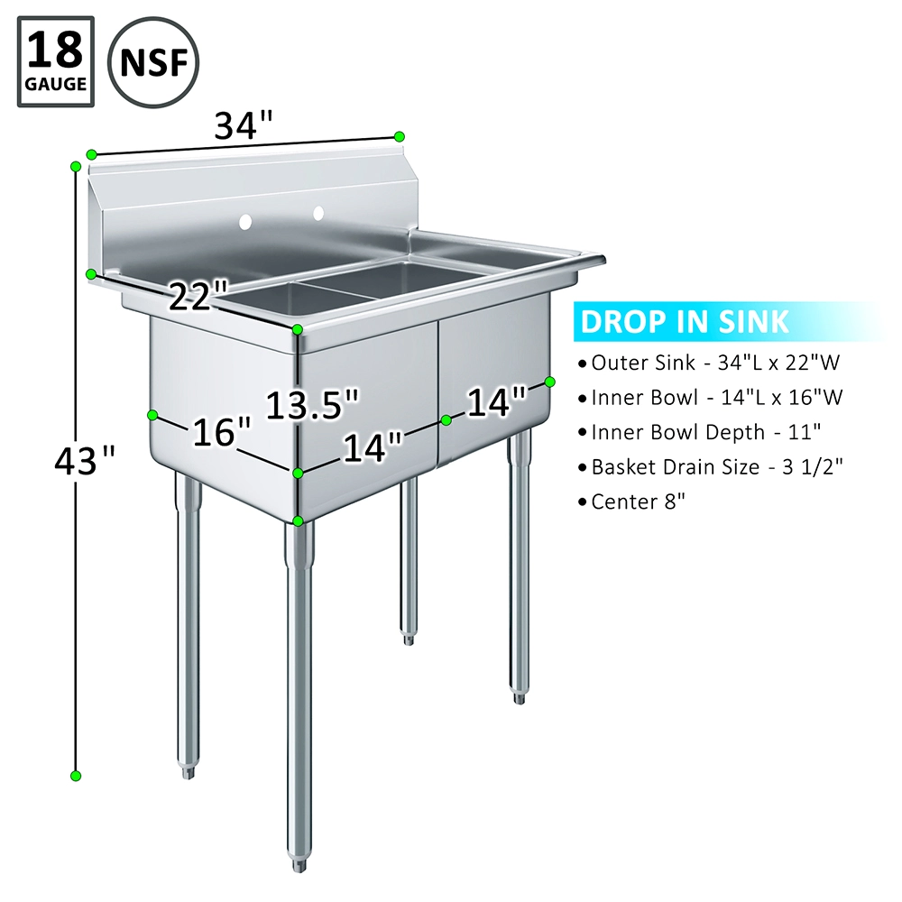 22 in. x 34 in. Stainless Steel Two Compartment Sink - Image 3