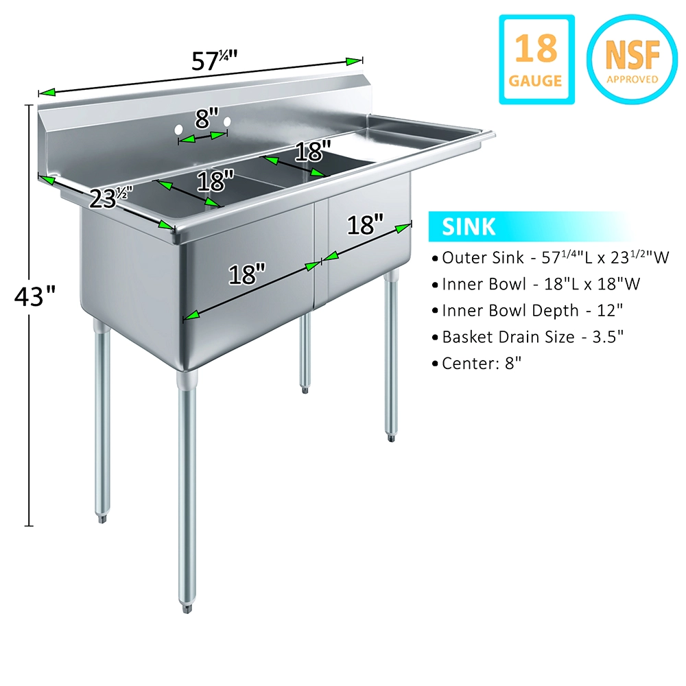 18" X 18" X 12" with 18" Right Drainboard Two Compartment Stainless Steel Commercial Prep & Utility Sink - Image 3
