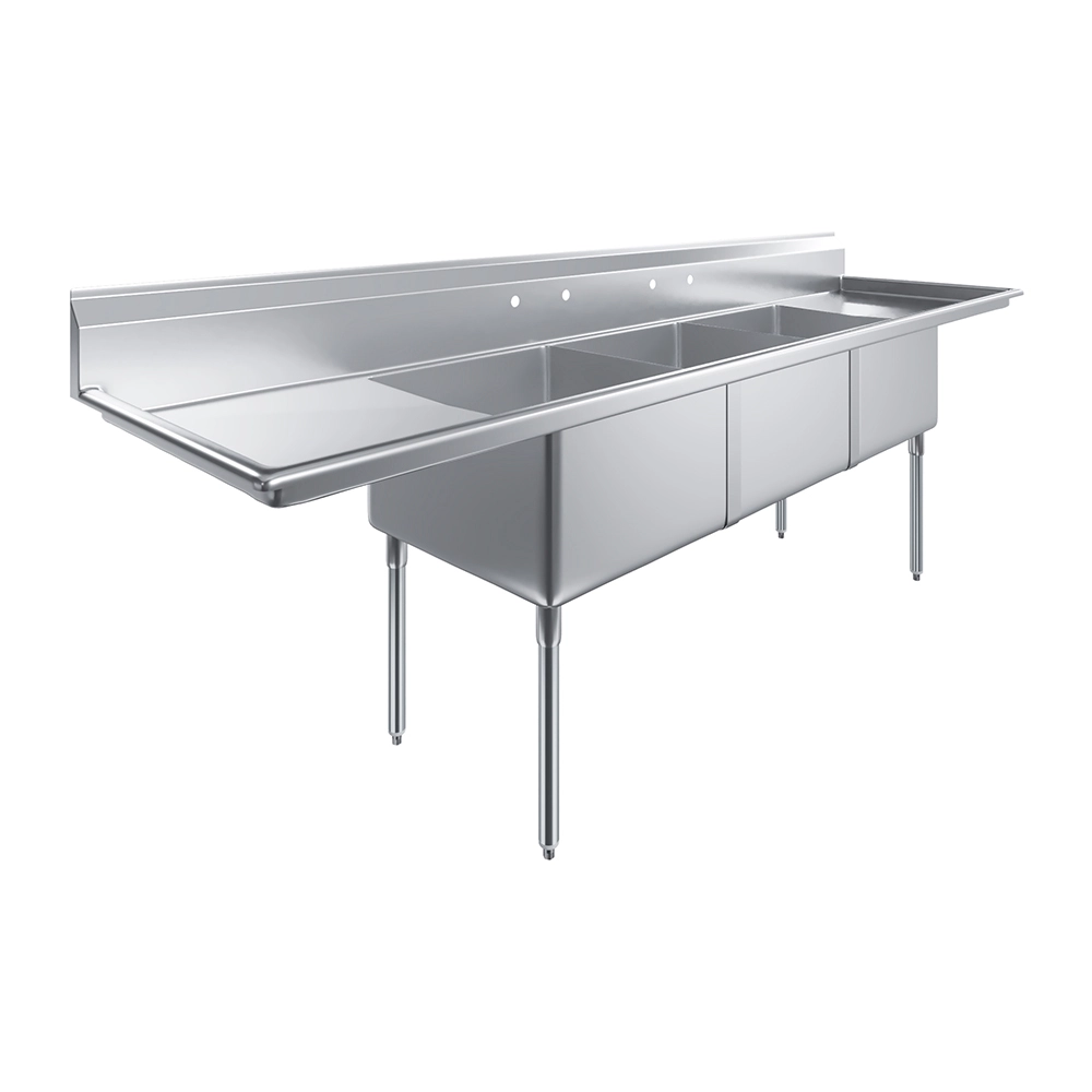 120 in. x 30 in. Stainless Steel Three Compartment Sink with 24 in. x 24 in. x 14 in. Bowls and Dual 24 in. Drainboards