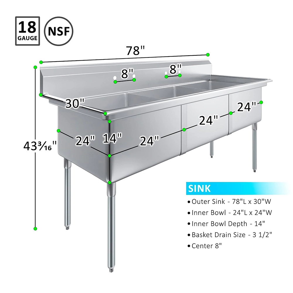 78 in. x 30 in. Stainless Steel Three Compartment Sink with 24 in. x 24 in. x 14 in. Bowls - Image 3