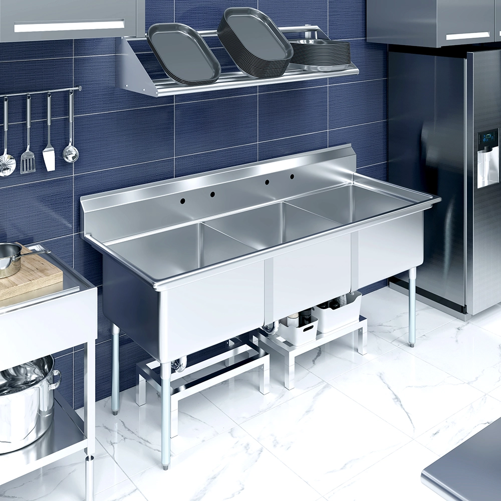 78 in. x 30 in. Stainless Steel Three Compartment Sink with 24 in. x 24 in. x 14 in. Bowls - Image 8