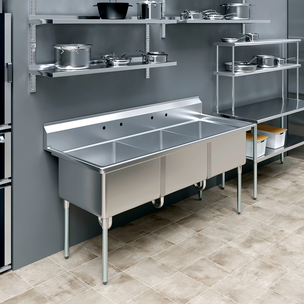 78 in. x 30 in. Stainless Steel Three Compartment Sink with 24 in. x 24 in. x 14 in. Bowls - Image 7