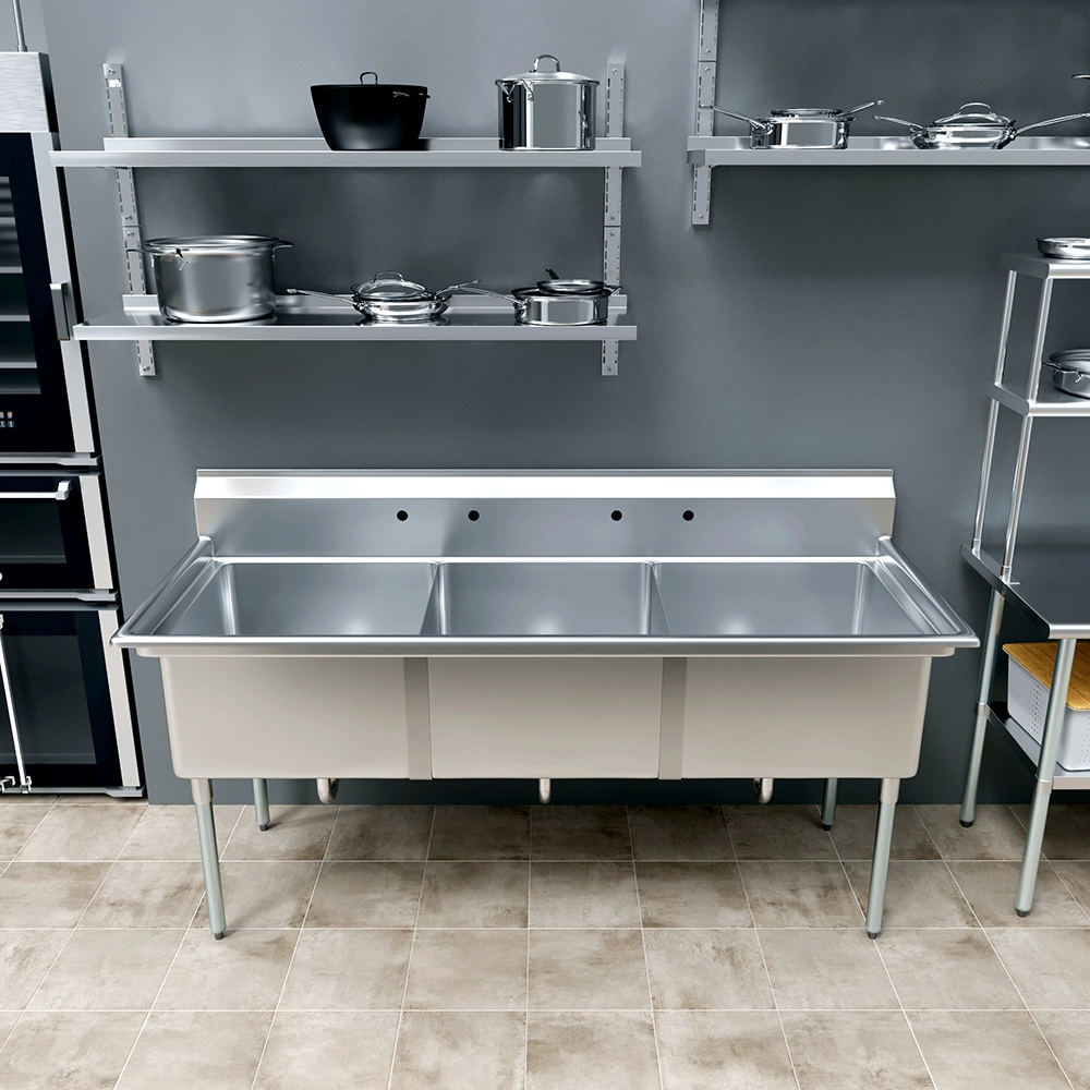 78 in. x 30 in. Stainless Steel Three Compartment Sink with 24 in. x 24 in. x 14 in. Bowls - Image 6