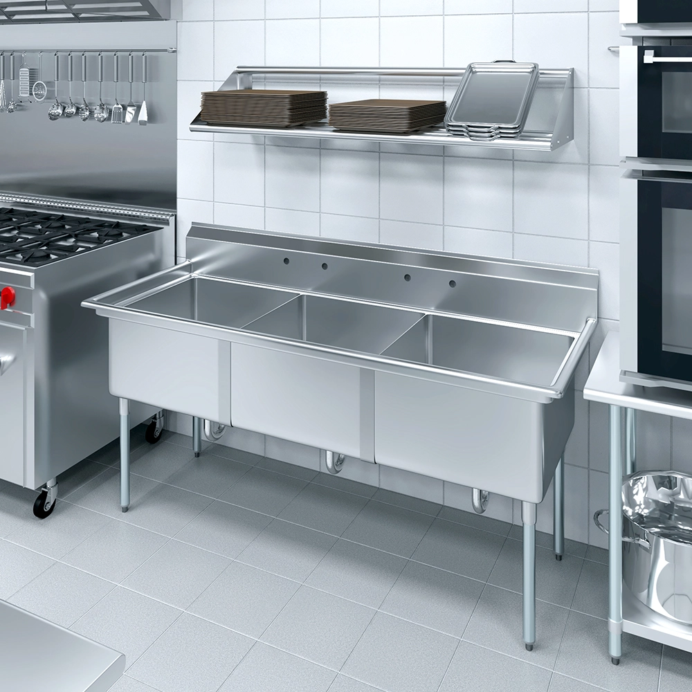 78 in. x 30 in. Stainless Steel Three Compartment Sink with 24 in. x 24 in. x 14 in. Bowls - Image 5