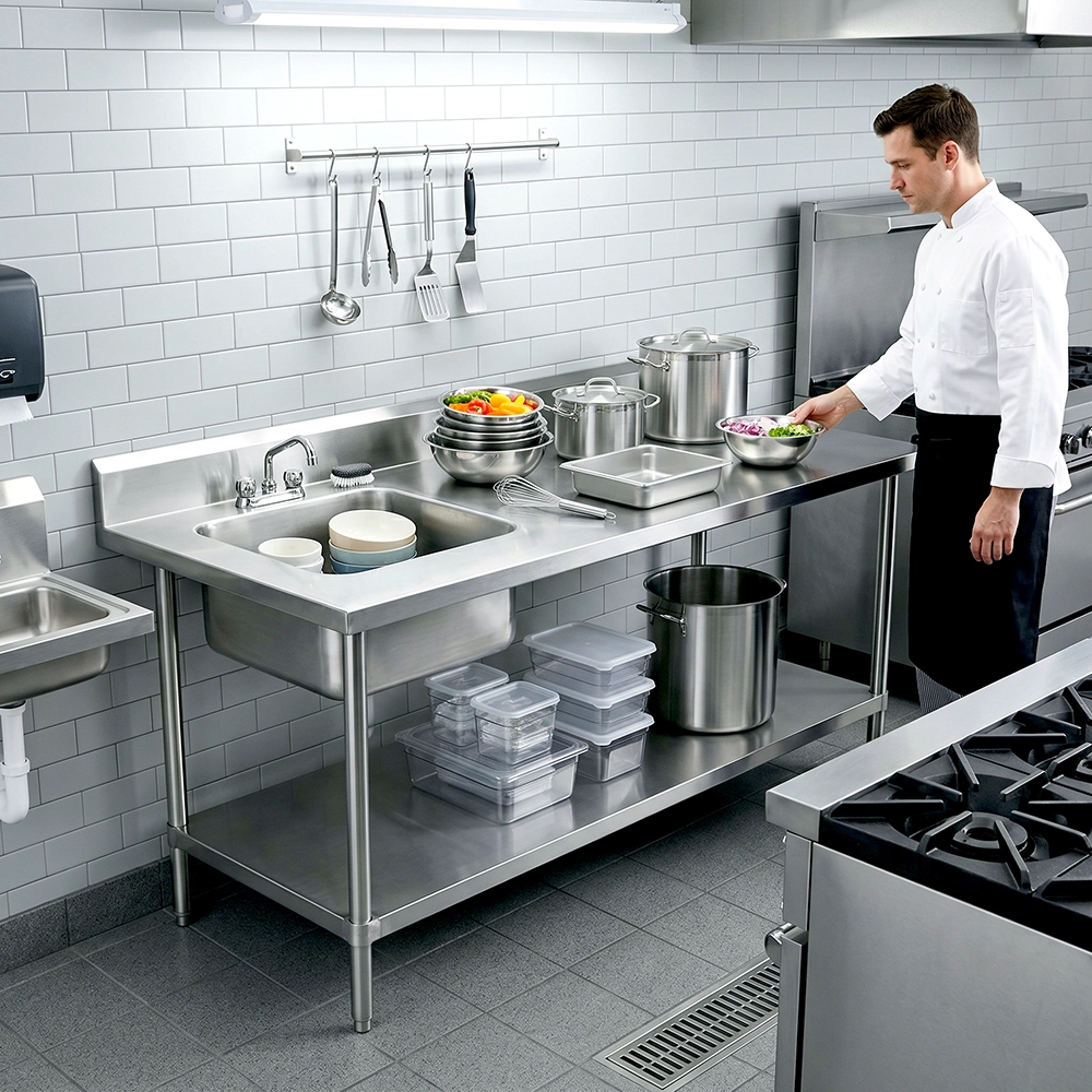 72 in. x 30 in. Stainless Steel Work Table with Built-in Left Prep Sink and Faucet - Image 9