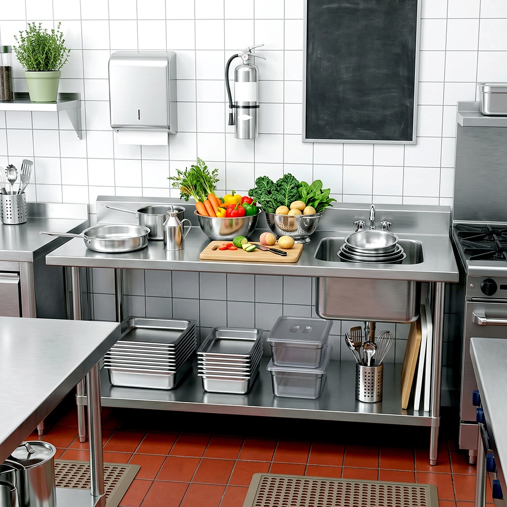 72 in. x 30 in. Stainless Steel Work Table with Built-in Right Prep Sink and Faucet - Image 9
