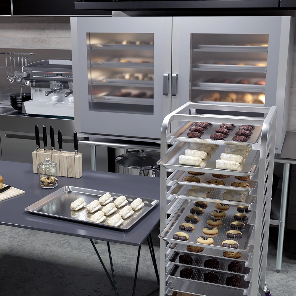 18 in. x 26 in. 19 Gauge Full Size Perforated Aluminum Bun / Sheet Pan. Pack of 12 - Image 5